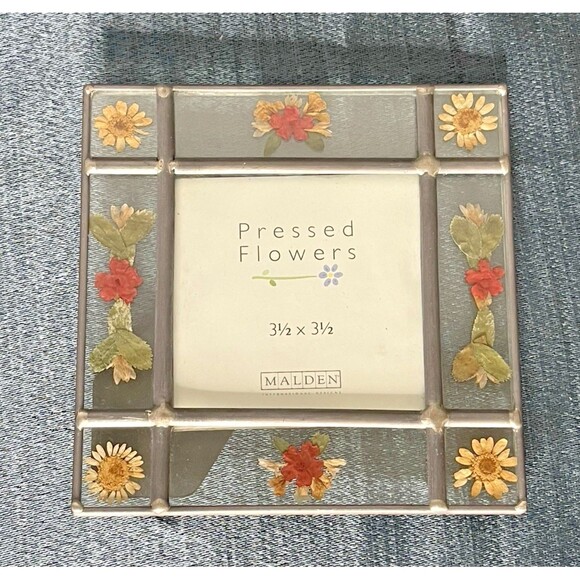 VTG Leaded Glass Picture Frame, Embedded Dried Pressed Flowers for 3.5x3.5 Photo - Picture 3 of 3